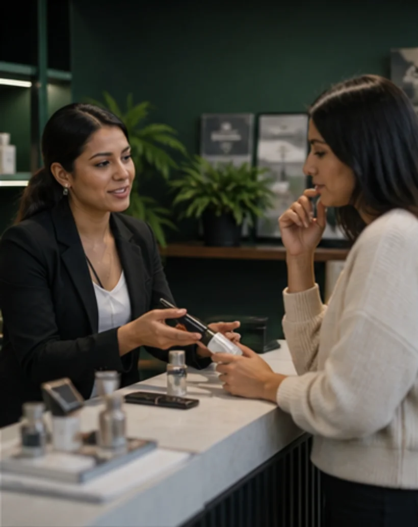 Consultora de venta directa atendiendo a una clienta