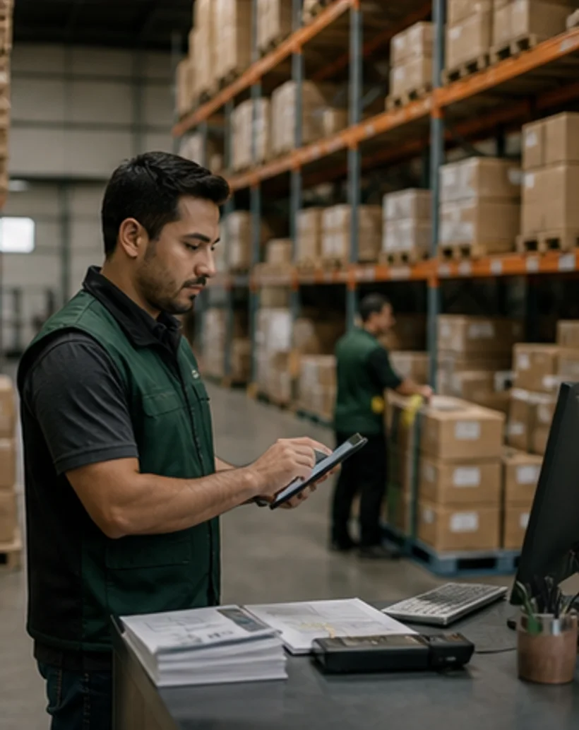 Operador revisando inventario en un almacen de distribucion