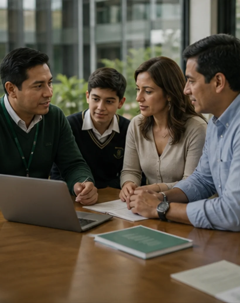 Familia reunida con personal de una escuela para revisar inscripcion