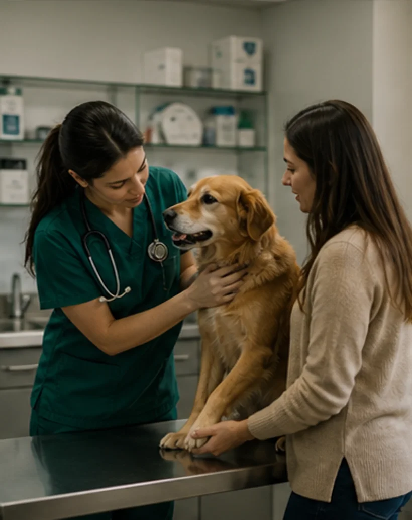 Veterinaria atendiendo a un perro junto a su propietaria